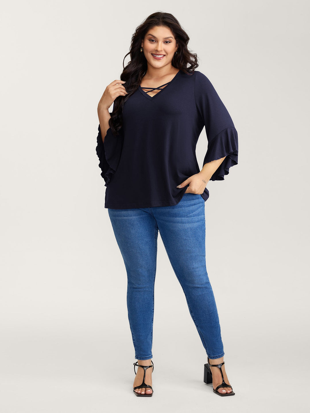 Supersoft Drawstring Neckline Ruffled Sleeve Knit Top
