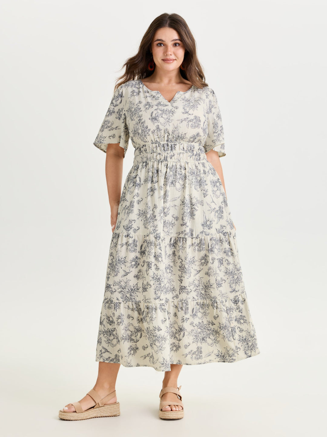 Textured Shirred Cinched Waist Maxi Dress