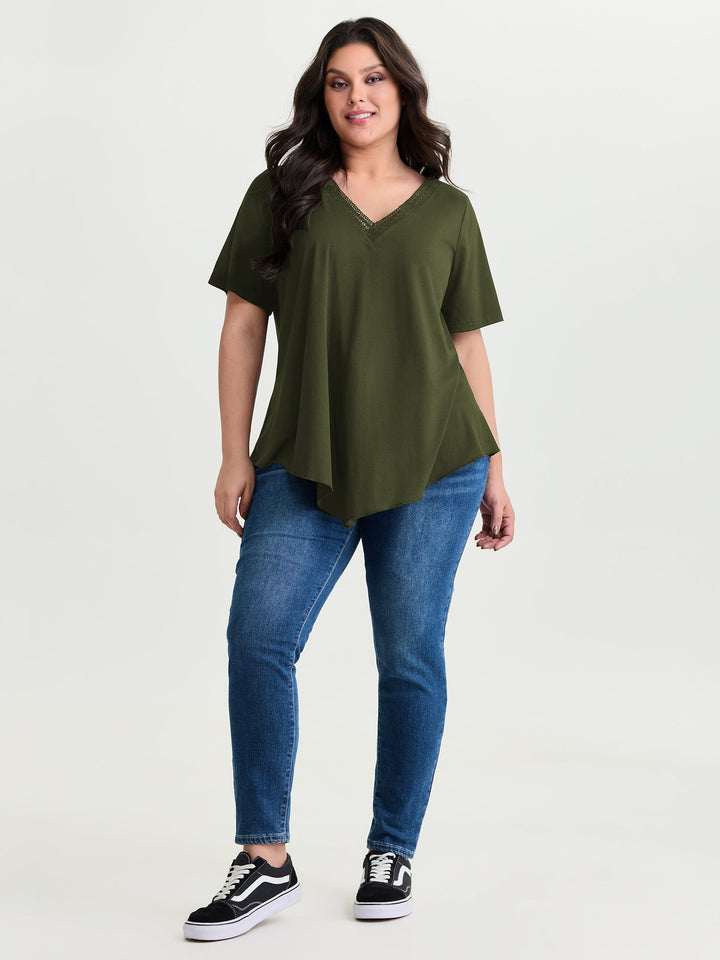 Supersoft Stretchy Draped Lace Trim Plain T-Shirt