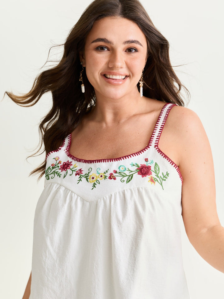 Pure Cotton Floral Embroidered Neckline Tank Top