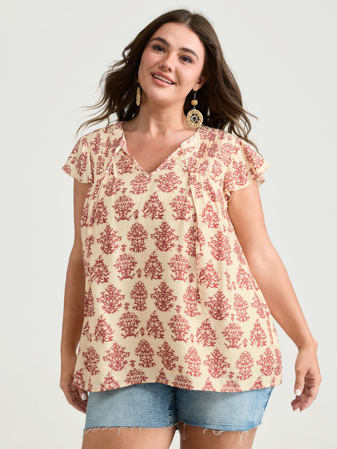 Boho Geometric Print Flutter Sleeve Blouse