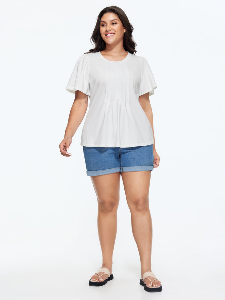 Cotton Toothpick Pleated Plain Flared Sleeve T-Shirt