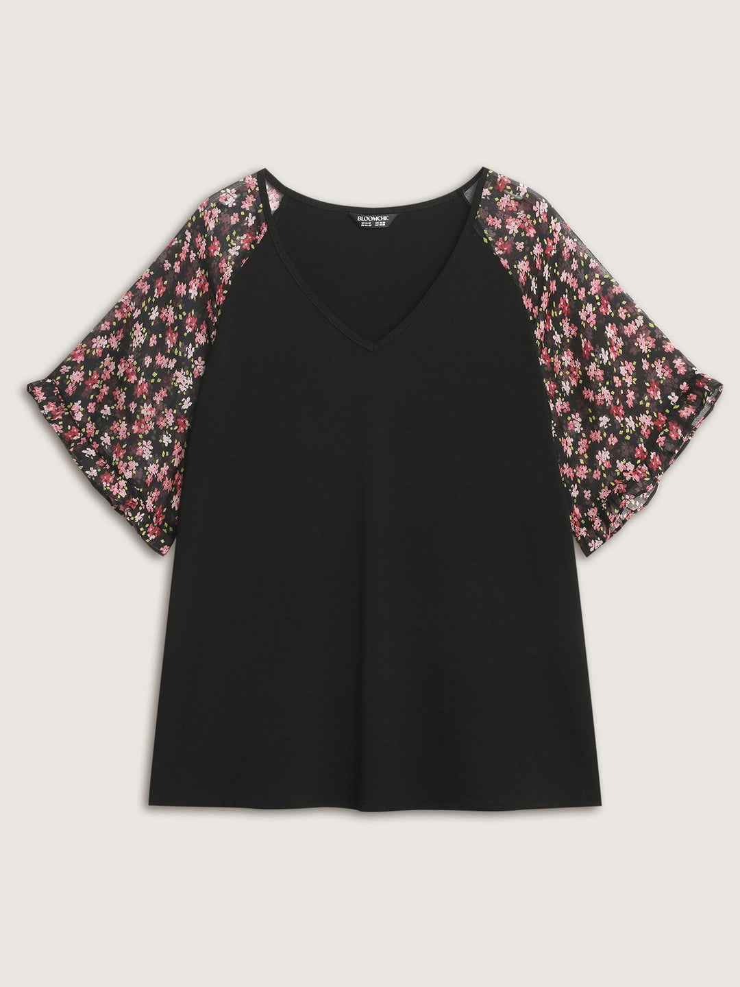Sheer Floral Print Ruffled Cuff Sleeve Top
