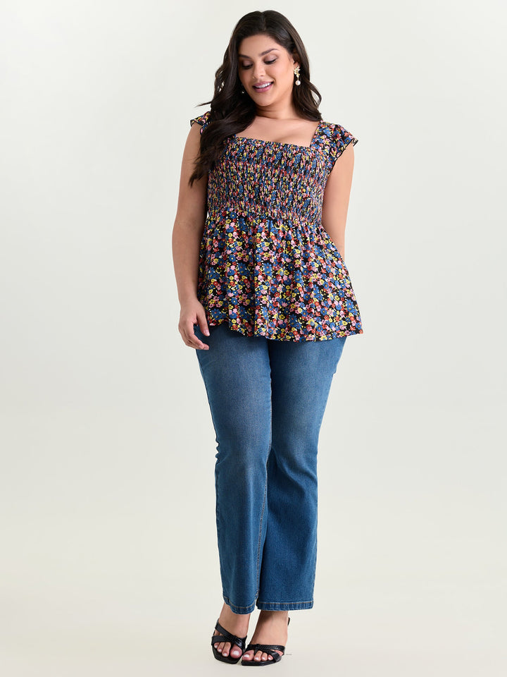 Floral Print Shirred Wide Straps Blouse