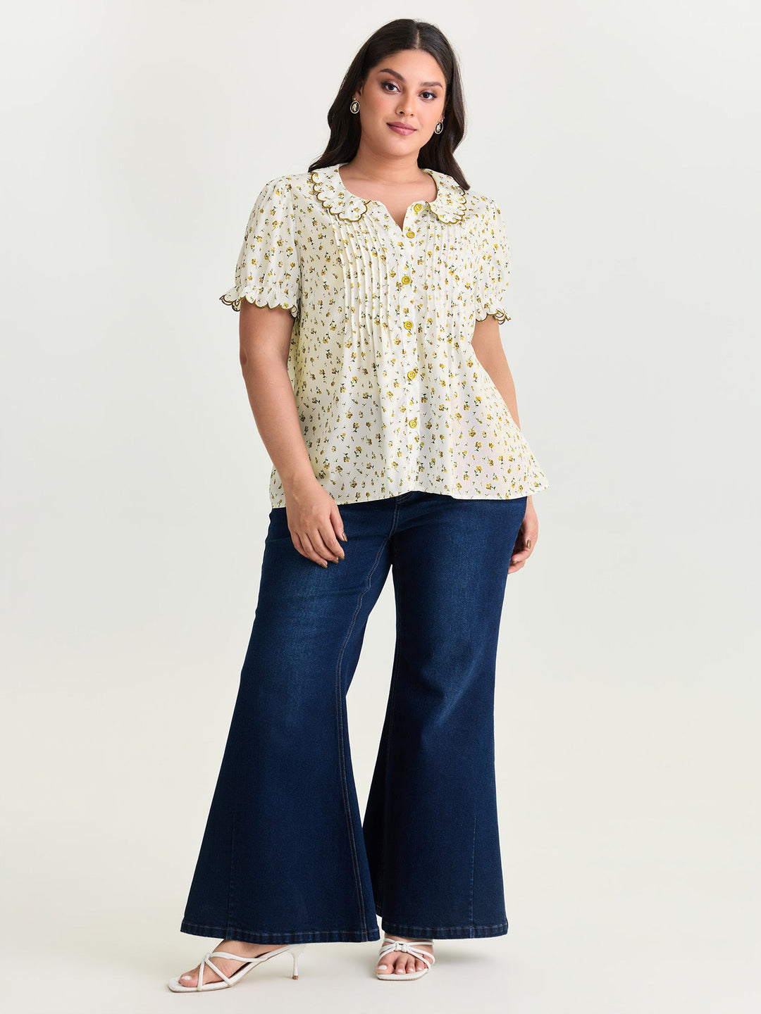 Floral Embroidery Pleated Button-Front Blouse