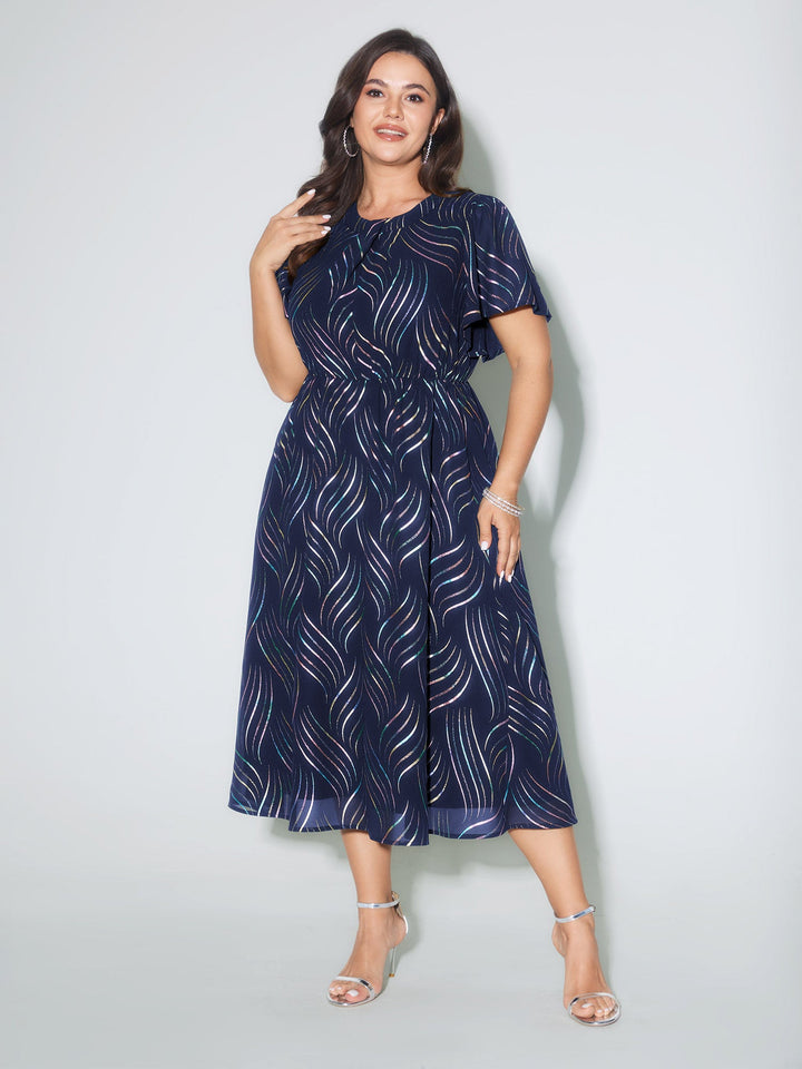 Abstract Print Twisted Neckline Midi Dress