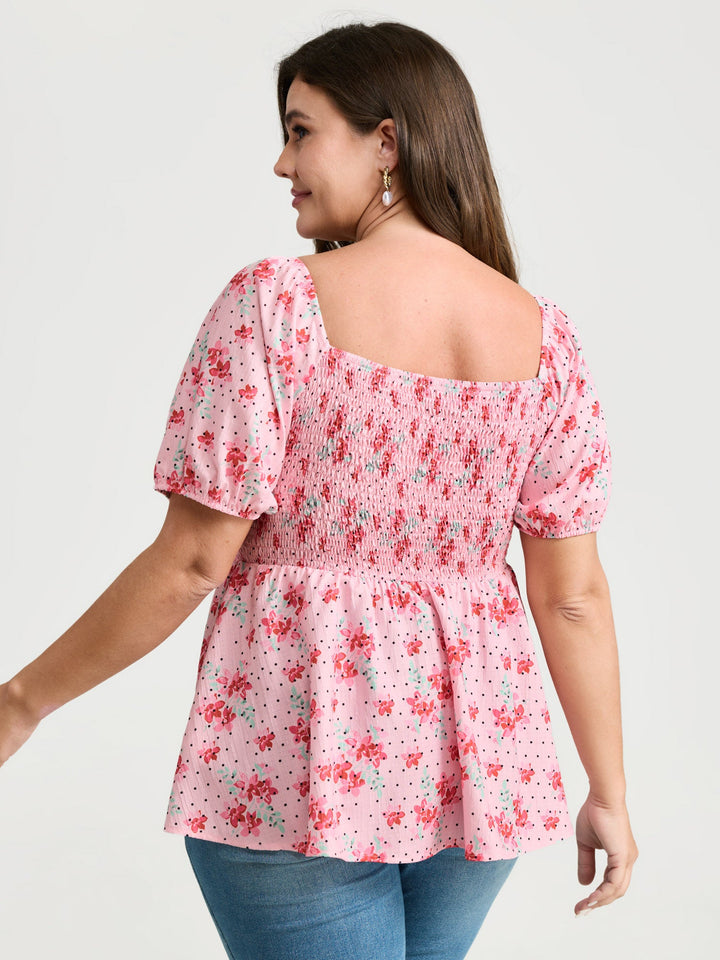 Romantic Floral Print Ruched Blouse