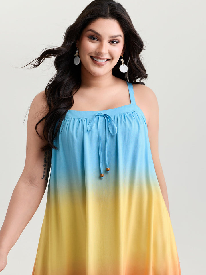Ombre Drawstring Neckline Tiered Midi Dress