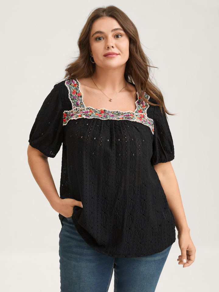 Eyelet Trim Floral Embroidered Solid T-Shirt