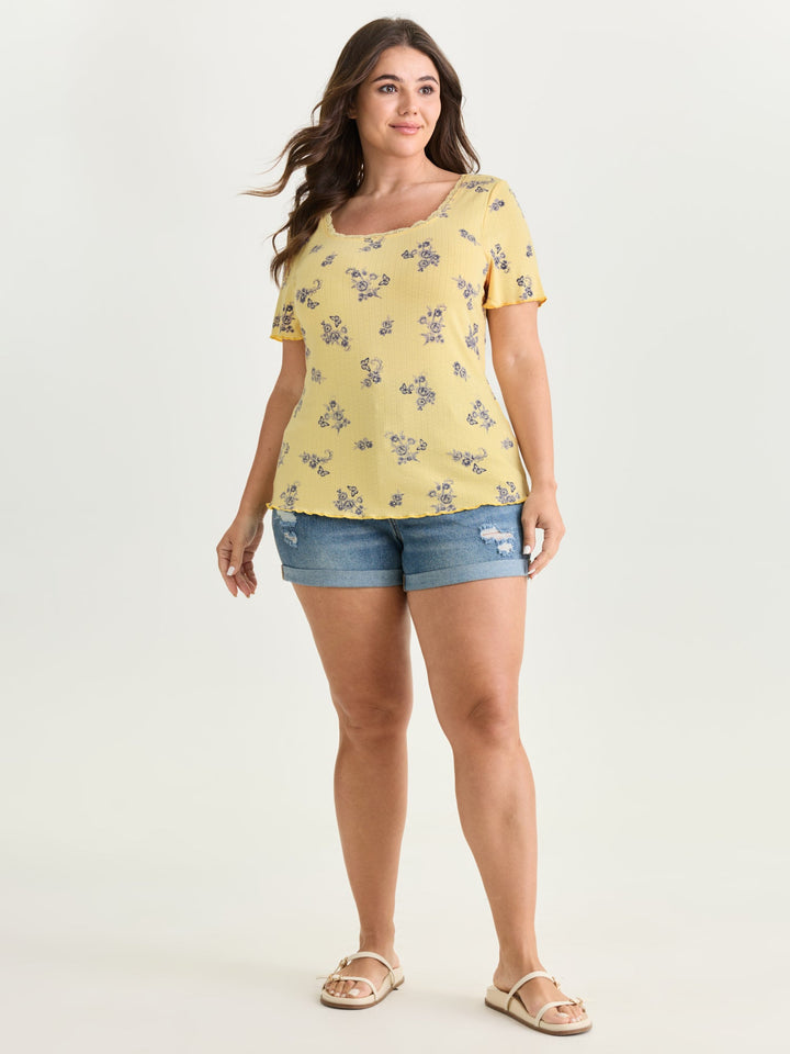 Floral Print Lace Round Neck T-Shirt