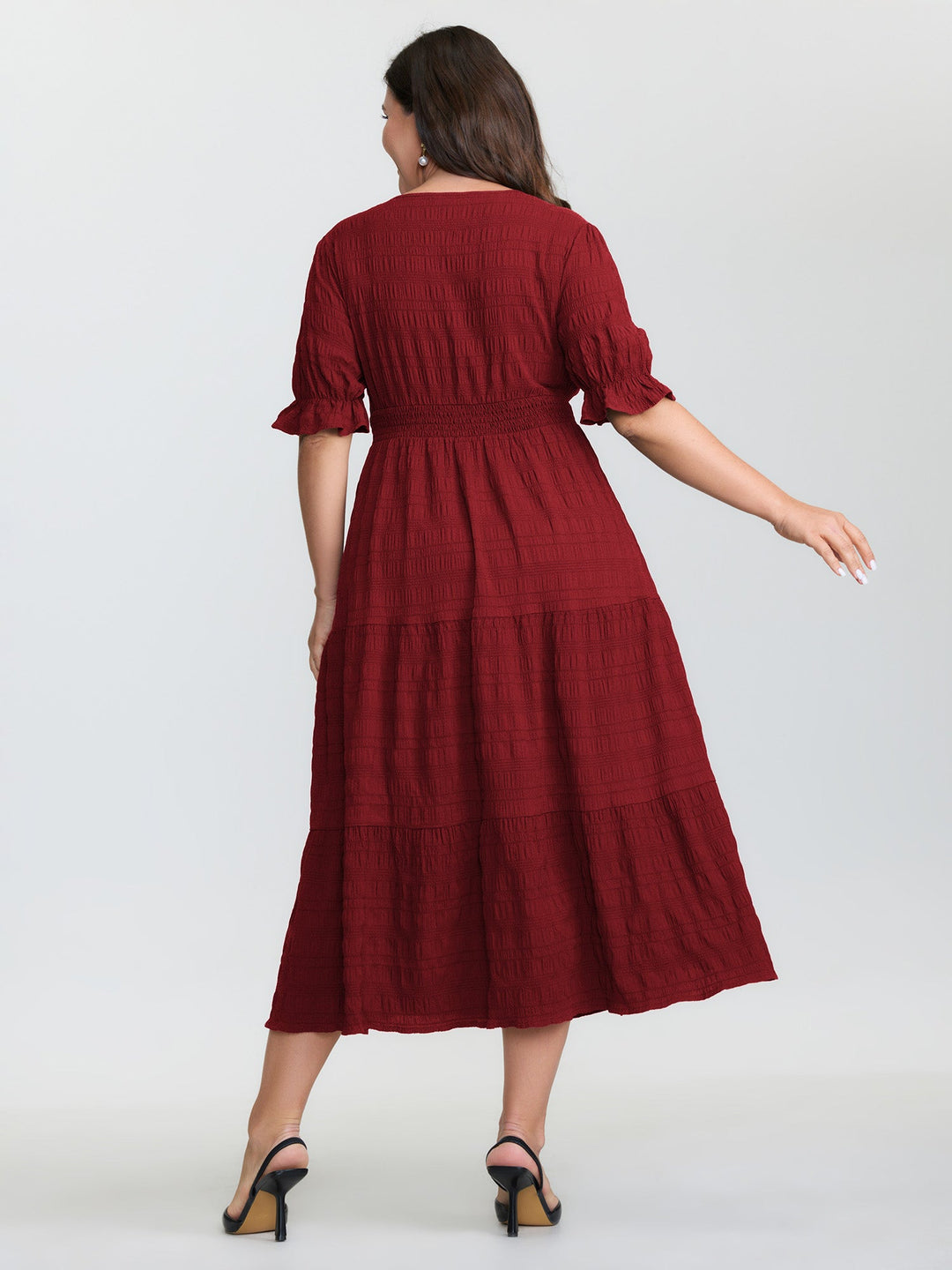 Textured Triangular Cinched-Waist Tiered Maxi Dress