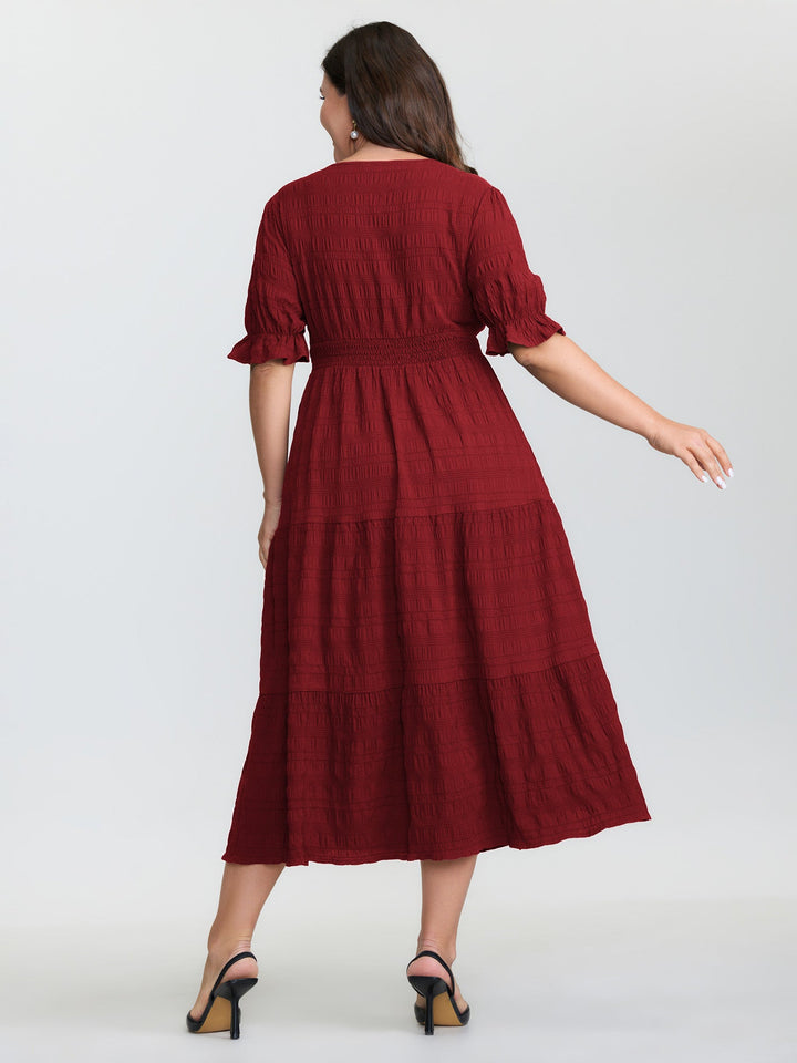 Textured Triangular Cinched-Waist Tiered Maxi Dress