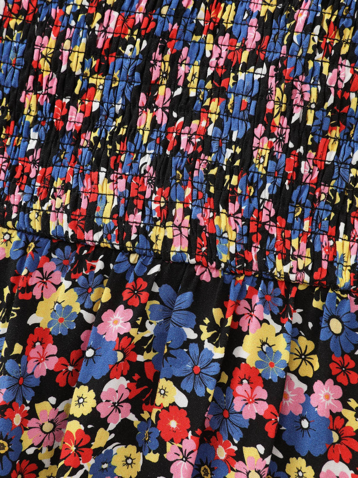 Floral Print Shirred Wide Straps Blouse