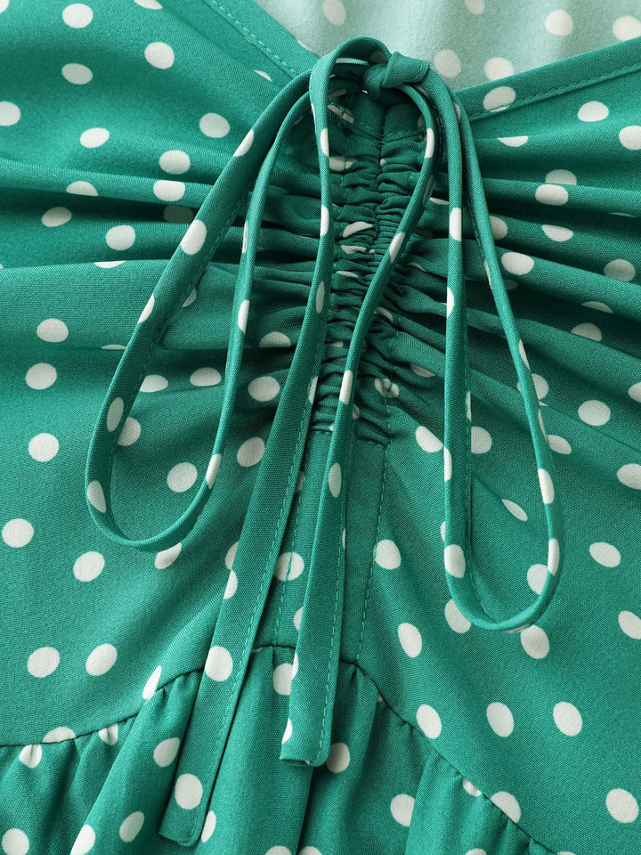 Vintage Polka Dots Ruched Bowknot Midi Dress