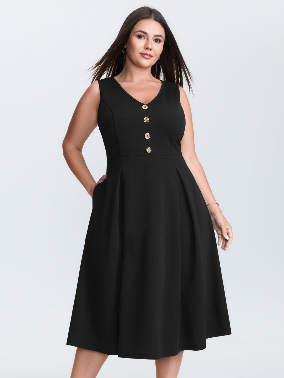 Floral Gold Button Pleated Midi Dress