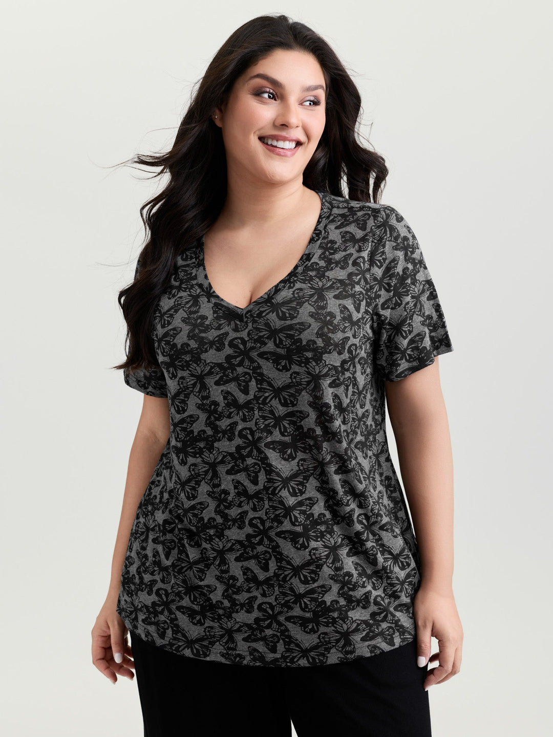 Textured Butterfly Pattern V-Neck T-Shirt