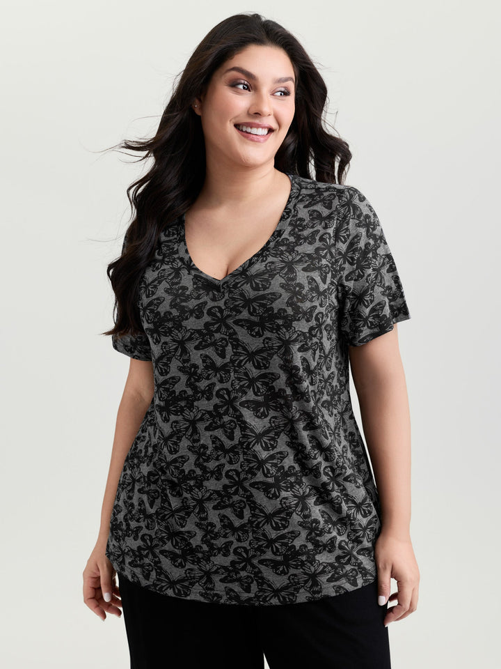 Textured Butterfly Pattern V-Neck T-Shirt