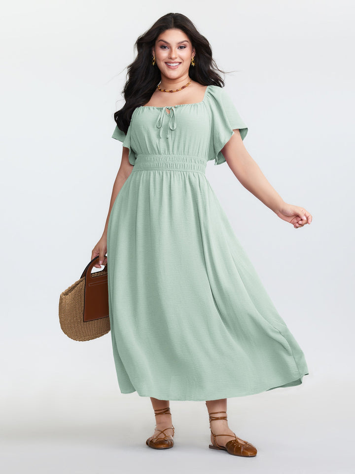 Square Neckline Shirred Waist Maxi Dress