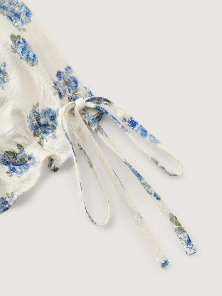Floral Print Shirred Bodice Sleeve-Tie Maxi Dress