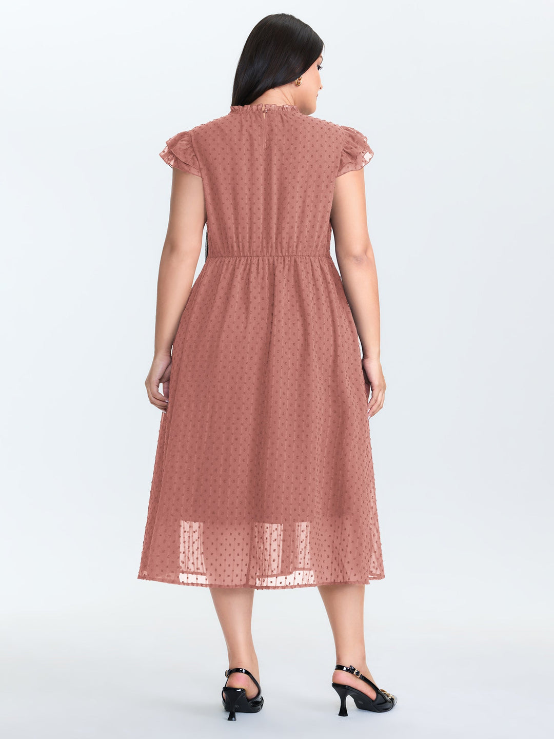 Textured Sheer Ruffled Mock Neckline Midi Dress