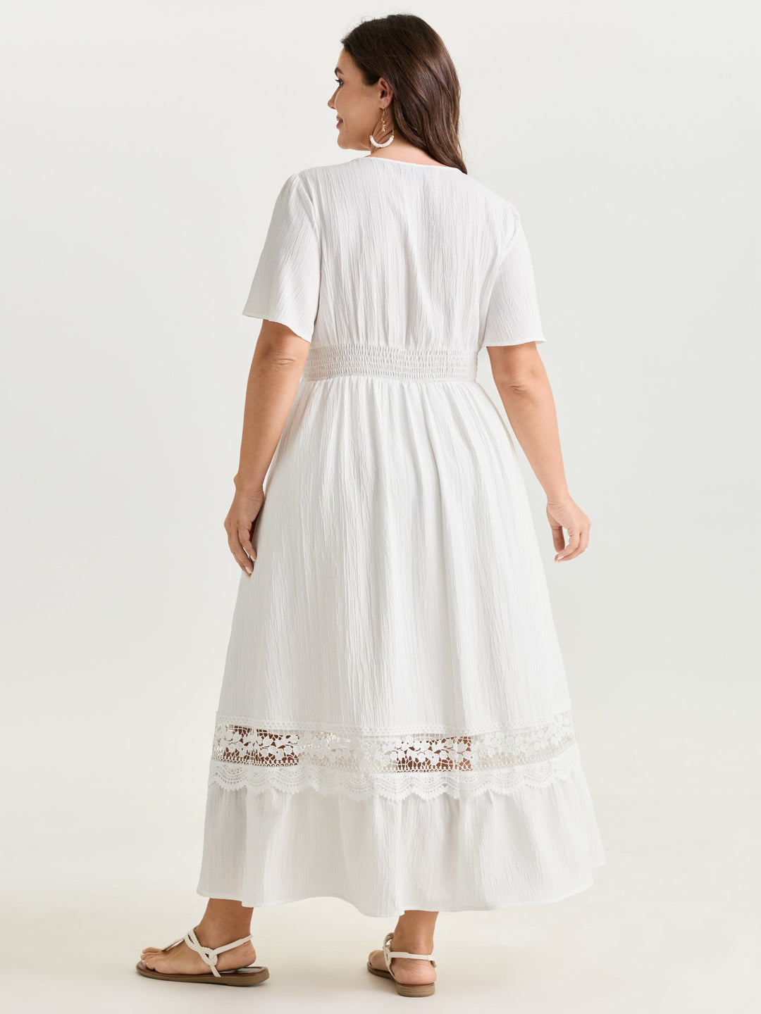 Lace Cut-Out Shirred Solid Maxi Dress