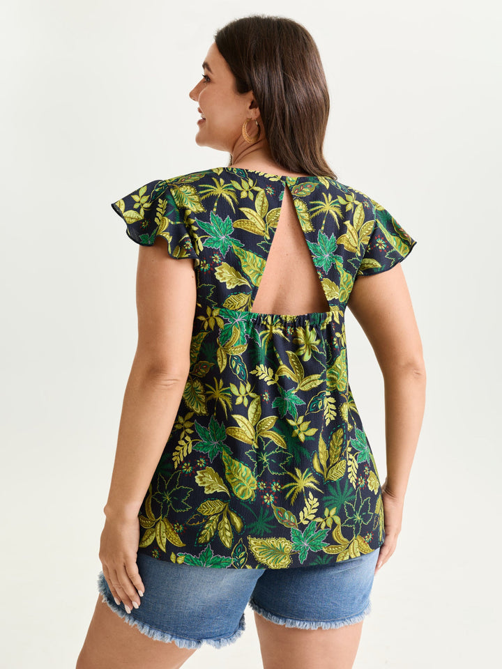 Bright Floral Texture Open-Back Blouse