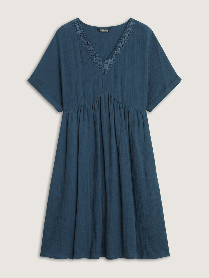 Pure Cotton Lace V-Neck Solid Mini Dress