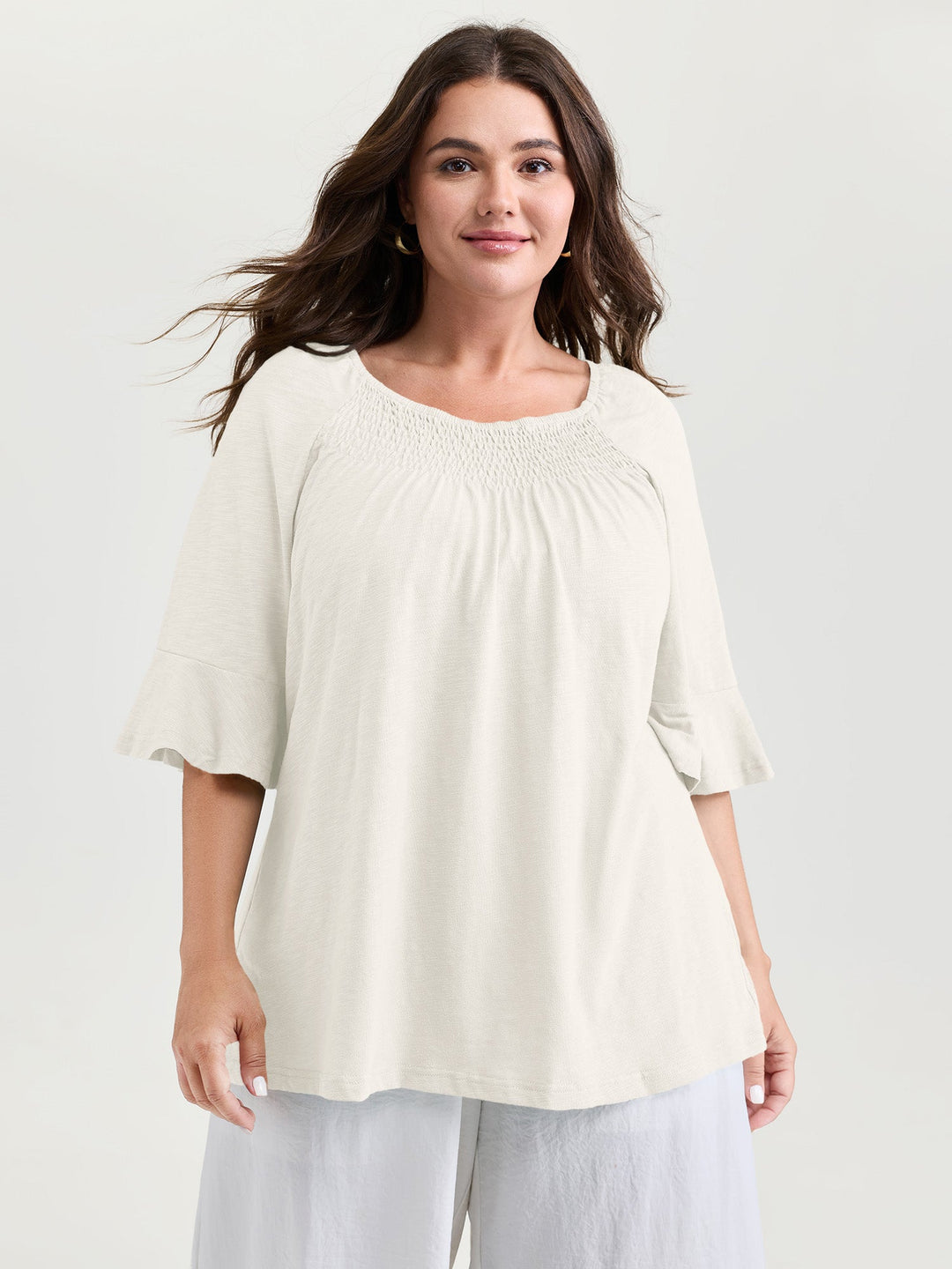 Ruffled Sleeve Shirred Neckline Plain Top
