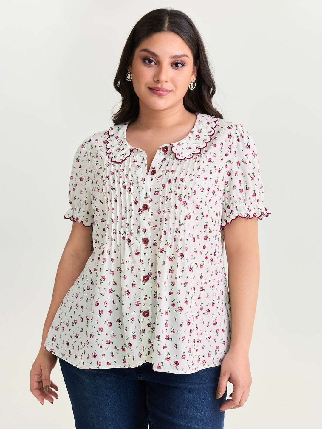 Floral Embroidery Pleated Button-Front Blouse