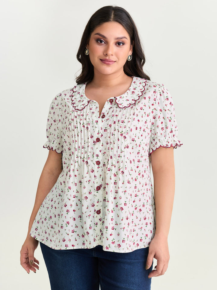 Floral Embroidery Pleated Button-Front Blouse