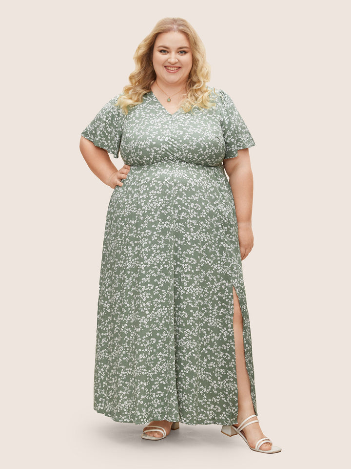 Bloom Dress - Flutter Sleeve Ditsy Floral Pocket Split Maxi Dress