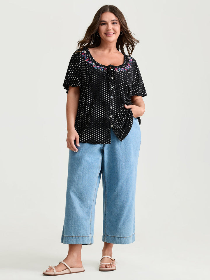 Colorful Floral Embroidered Neckline Polka Dot Top