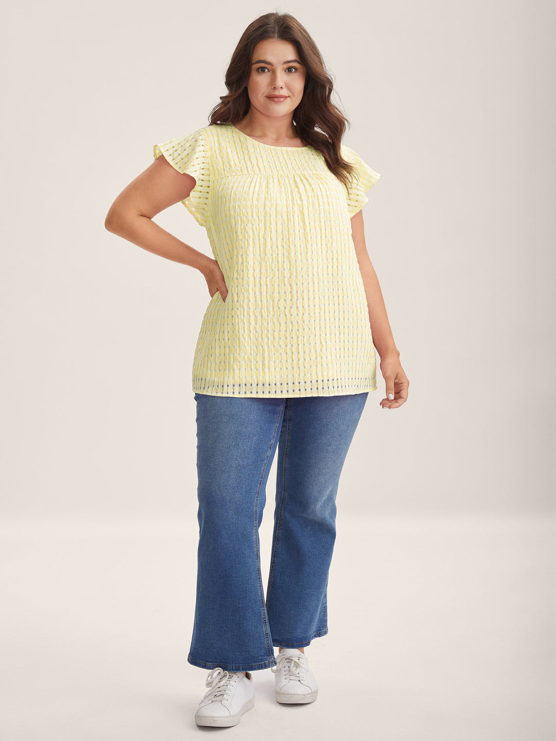 Textured Sheer Lined Flutter Sleeve Blouse