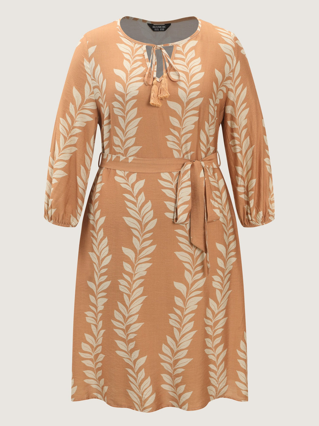 Leaf Print Waist-Tie Round Neck Mini Dress