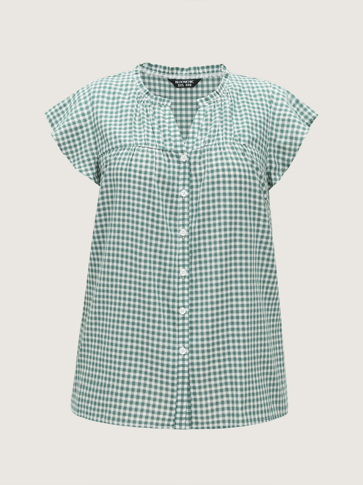 Cotton Check Print Ruffled Sleeve Blouse