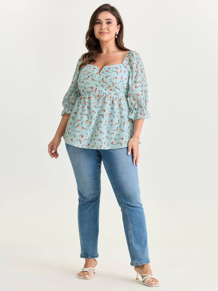 Floral Print Shirred Cuff Sleeve Blouse