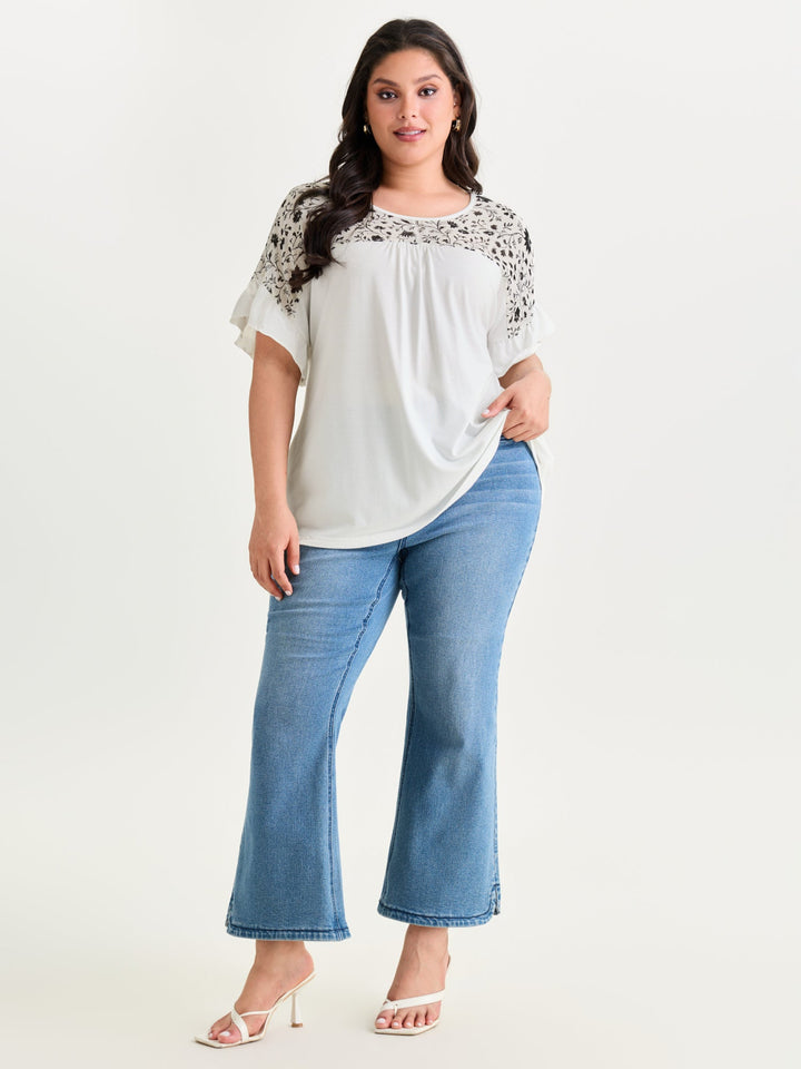Sheer Floral Print Contrast Knit Top