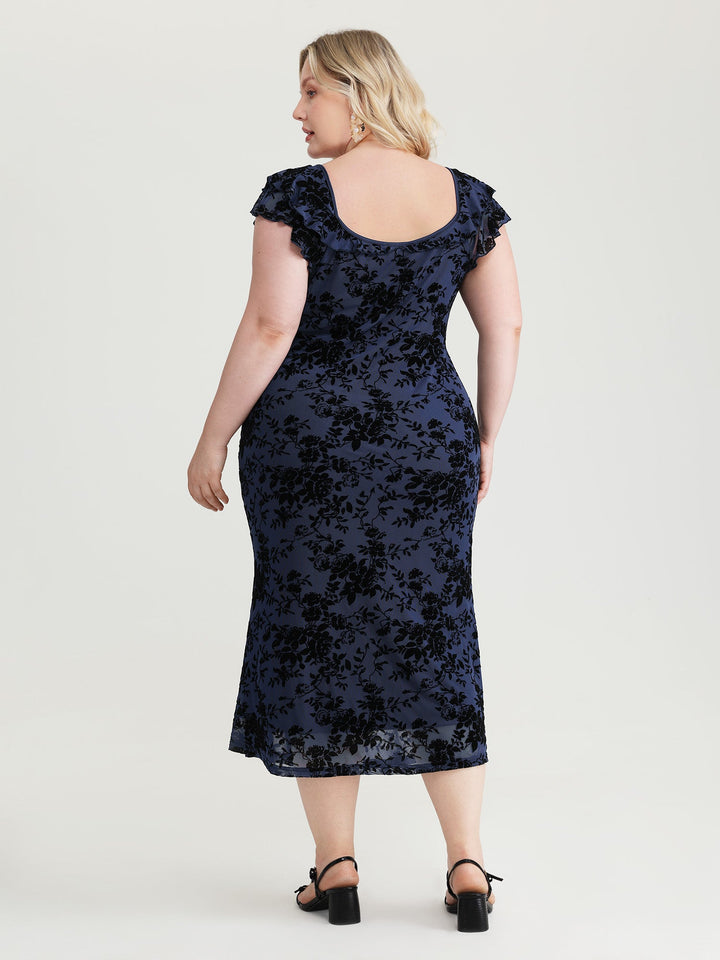 Floral Flocked Mesh Ruched Drawstring Midi Dress
