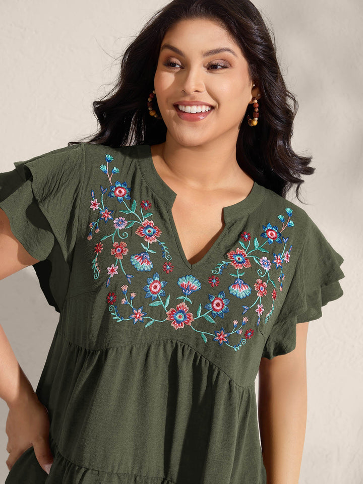 Embroidered Neckline A-Line Ruffled Knee-Length Dress