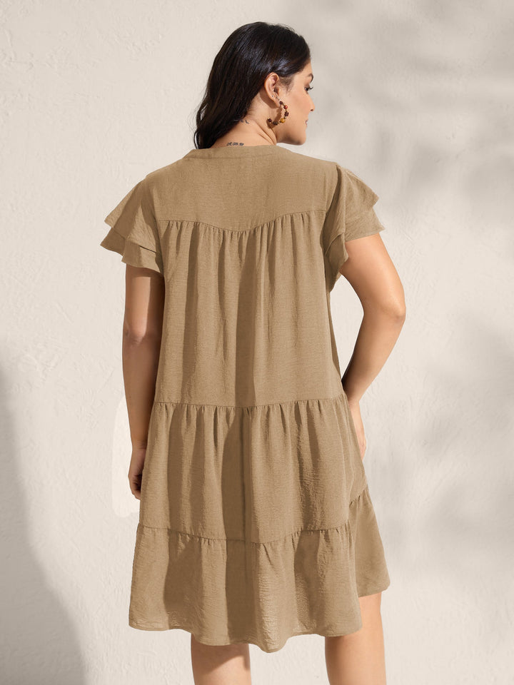 Embroidered Neckline A-Line Ruffled Knee-Length Dress