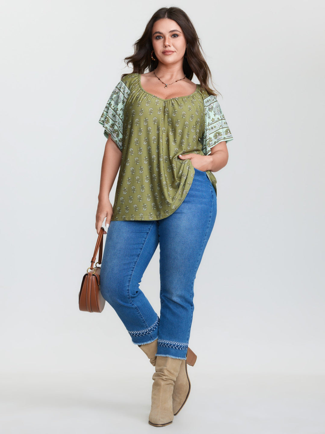 Supersoft Floral Print Flared Sleeve Pleated Knit Top