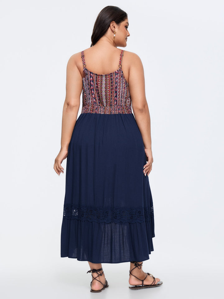 Boho Striped Lace Trim Midi Dress