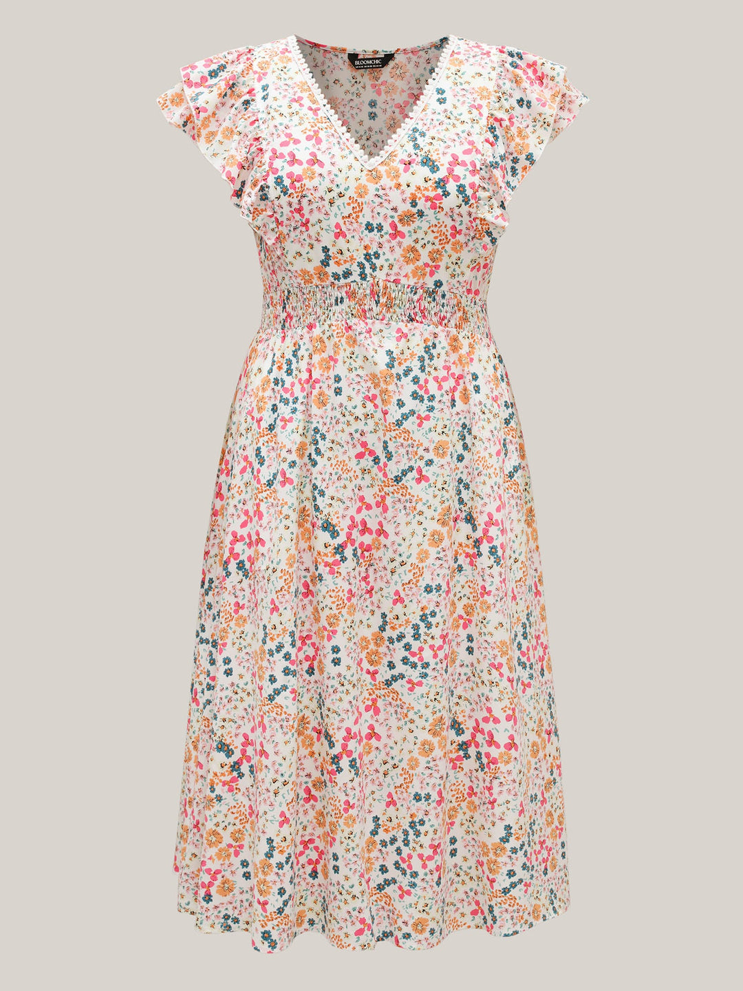 Sweet Floral Print Lace Neck Midi Dress