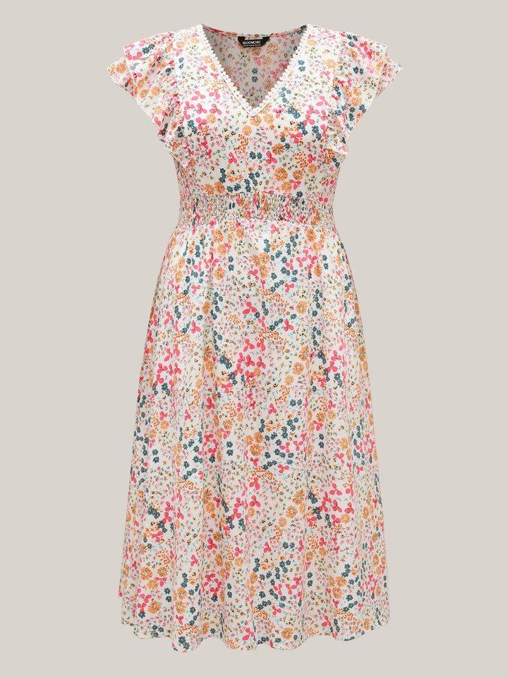 Sweet Floral Print Lace Neck Midi Dress