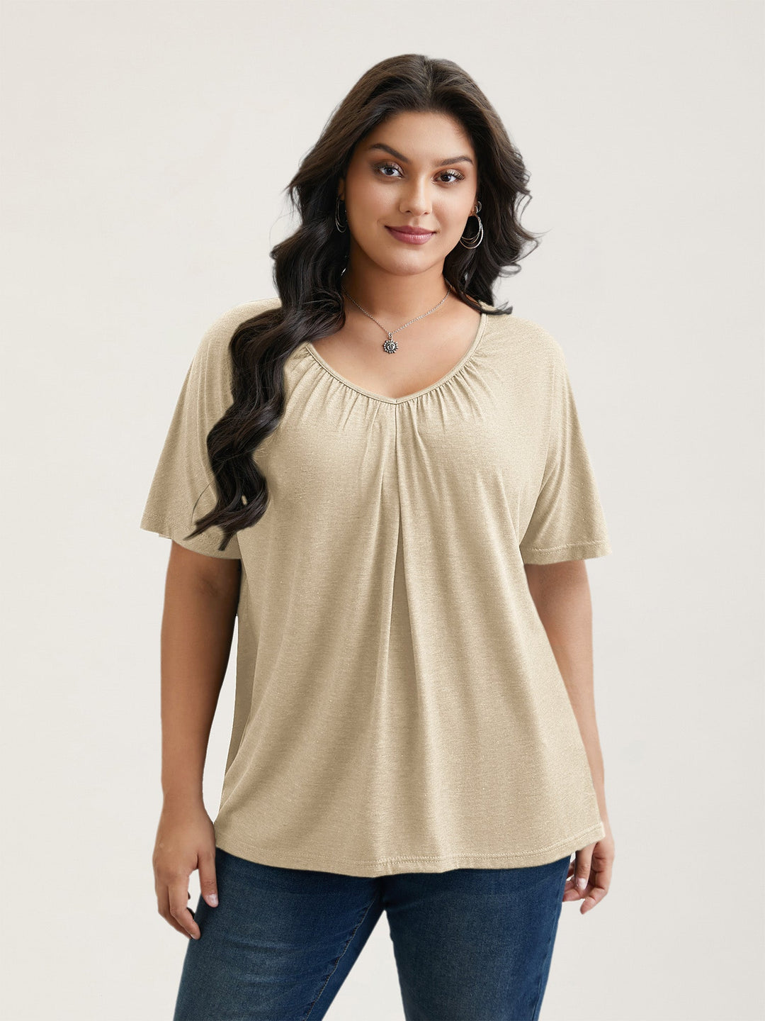 Pleated Plain Half-Sleeve Knit Top