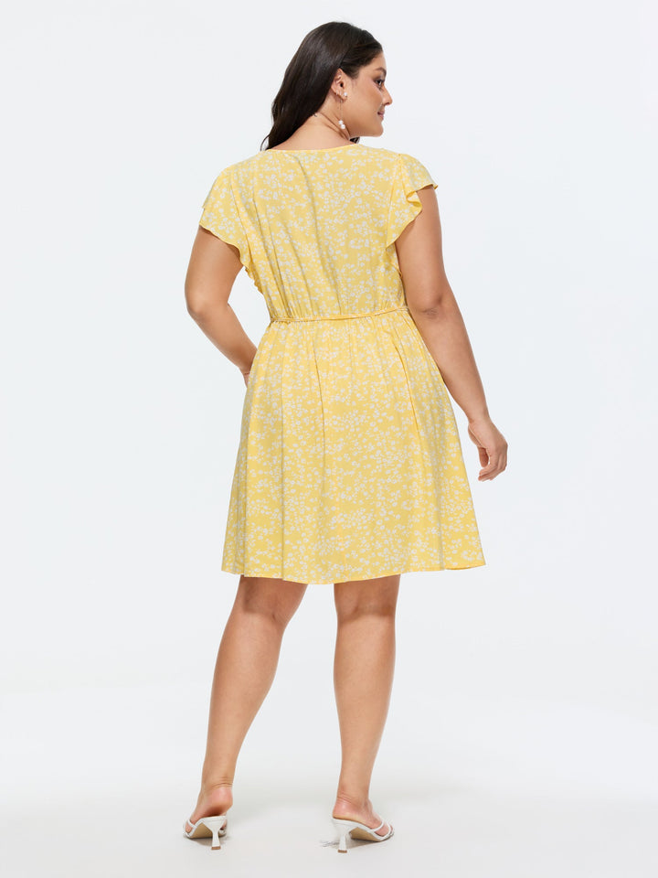 Rayon Floral Print Pleated Pockets Mini Dress