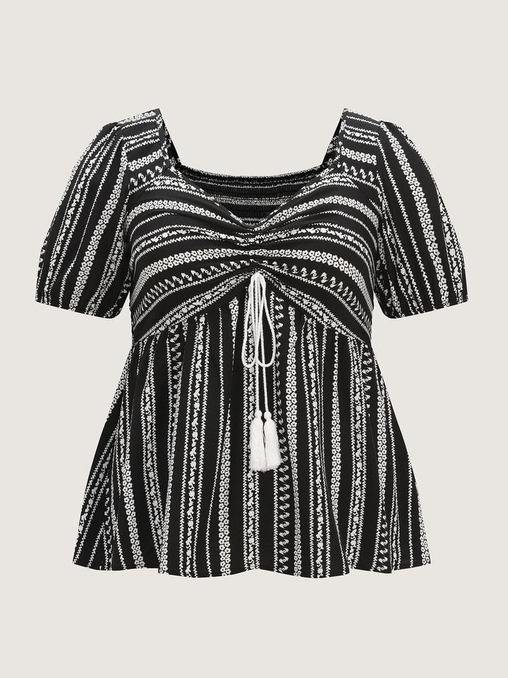 Monochrome Floral Stripe Babydoll Blouse
