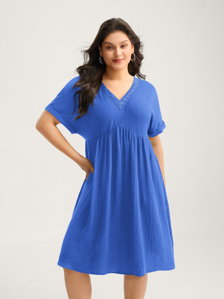 Pure Cotton Lace V-Neck Solid Mini Dress