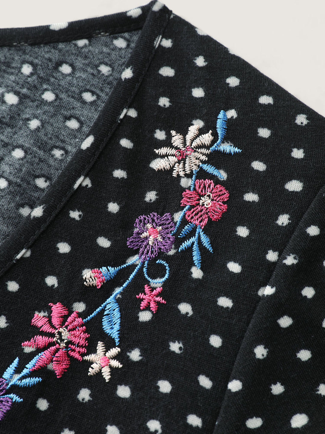 Colorful Floral Embroidered Neckline Polka Dot Top