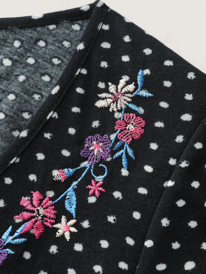 Colorful Floral Embroidered Neckline Polka Dot Top